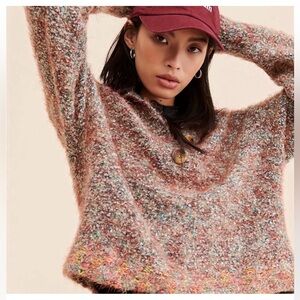 Free People Stellar Knit Pullover Sweater EUC Med Blue Green Brown Eyelash Knit
